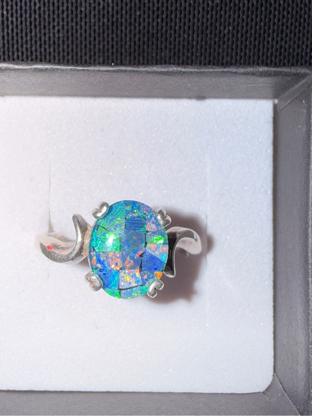 Sterling Silver Blue-Green Opal Mosaic Oval Ring Sz6.75